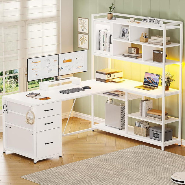 SEDETA L Shaped Computer Desk, 58'' Office Desk with 3 Drawers and Bookshelf, L Shaped Corner Desk with Storage Shelves and LED Light for Home Office, Gaming Desk, L Desk, White