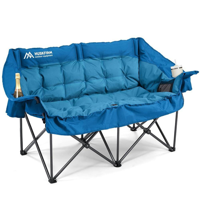 Double Camping Chairs Padded Loveseat Chair for 2 Person - Heavy Duty Oversized Camping Couch for Adults Outdoor Lawn Beach - Portable Folding Sofa with Cup Holders and Carry Bag, Bright Blue