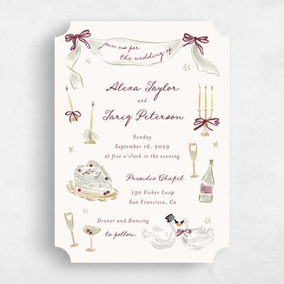 Beige Ticket Wedding Invitation - Moire Portrait