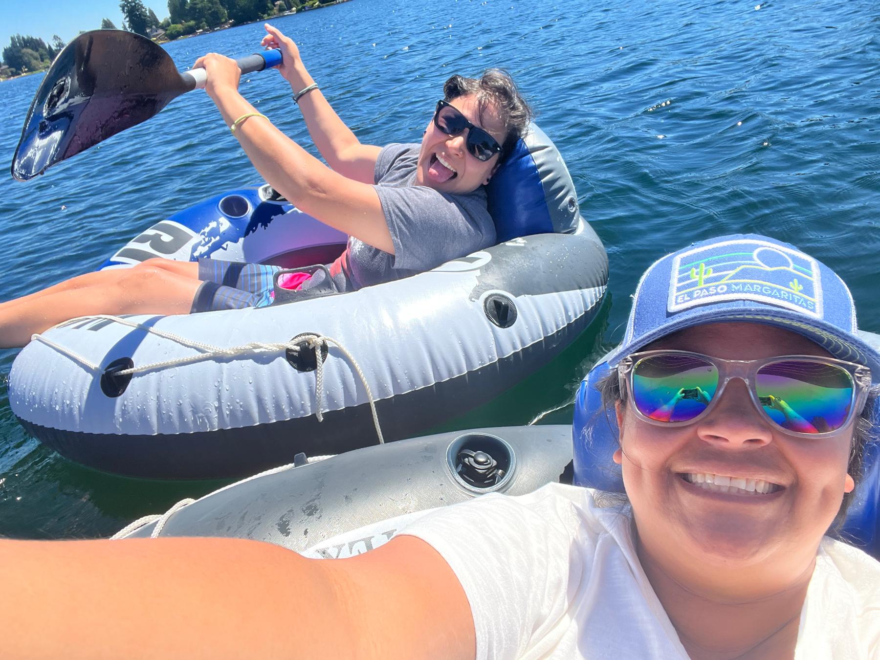 We've done a lot of floating together! Mary enjoys just relaxing on the water, while Tracy would rather paddle and pull her along.