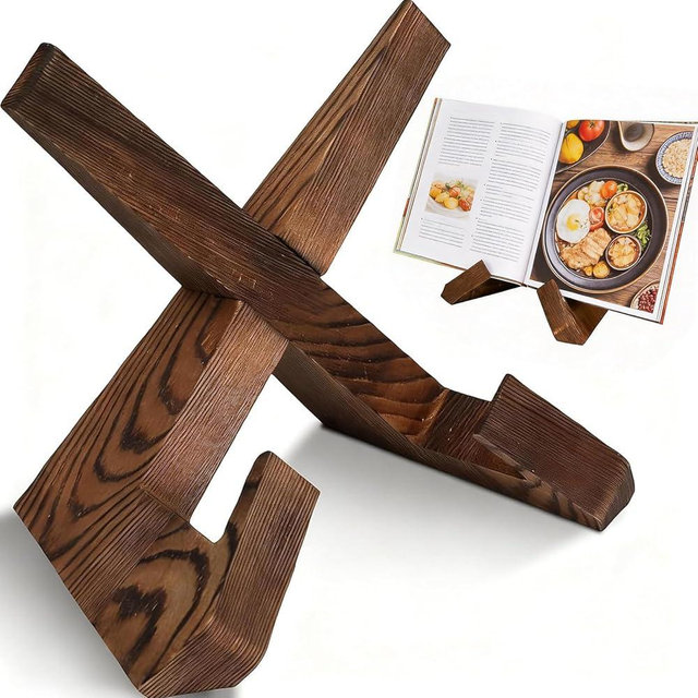 Wooden Kitchen Cookbook Stand Holder - Rustic Adjustable Foldable Recipe Book Holder, Great for Kitchen Counter Tops, Tablets, Recipe Books, and Photos, Perfect Gift for Home Chefs
