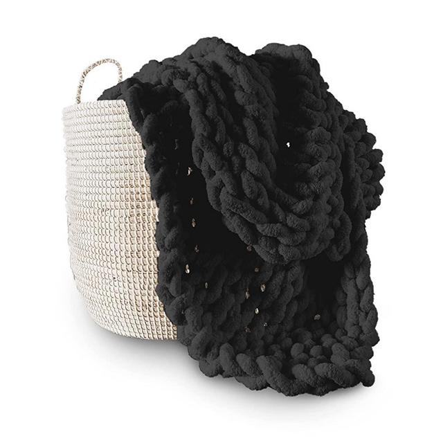 Adyrescia Chunky Knit Blanket Throw | 100% Hand Knit with Jumbo Chenille Yarn (50"x60", Raven Black)