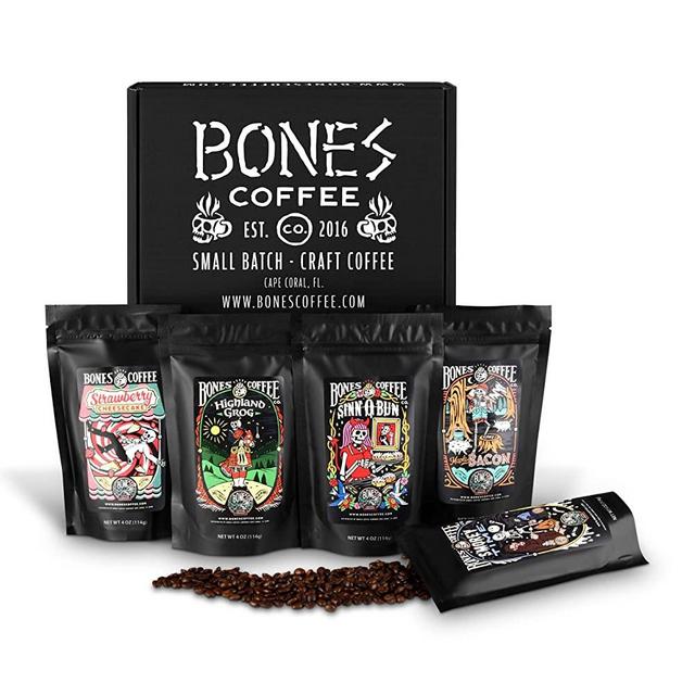 Bones Coffee Favorite Flavors Sample Pack, Flavored Ground Coffee Beans Sampler Gift Box Set, Pack of 5 Assorted Flavored Coffee Beans (Ground)