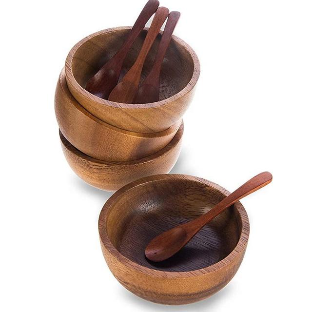 BestySuperStore mini Acacia Wood Bowl in small size for Condiments, Dip Sauce, Nuts, Candy, Fruits, Appetizer, and Snacks, Dia 3.75"x 1.5 H - Set of 4 (FREE 4 Wood Spoons)