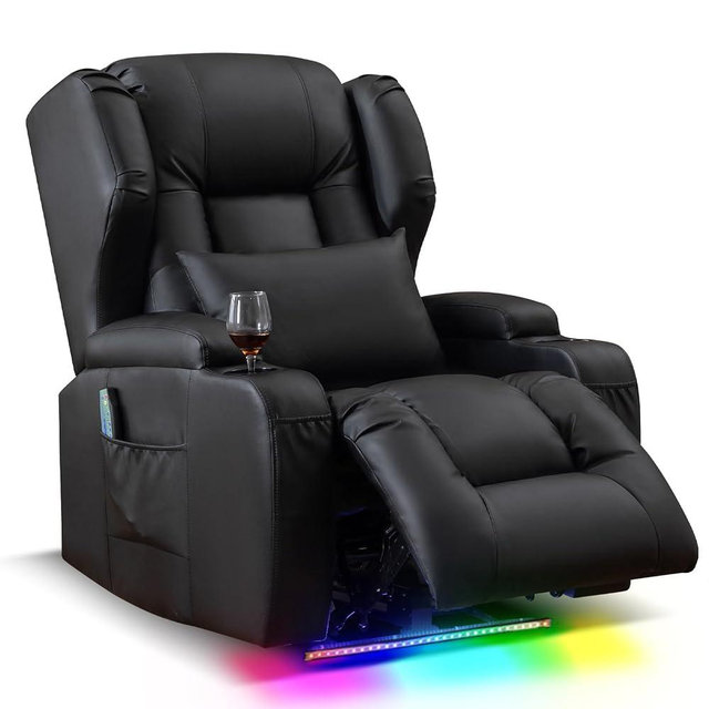 Oprisen Wall Hugger Power Recliner Chair, Overstuffed Home Theater Seating w/Heat Massage Electric Movie Gaming Sofa Reclining Sleeper Chair with LED Light/Lumbar Pillow/Cup Holders