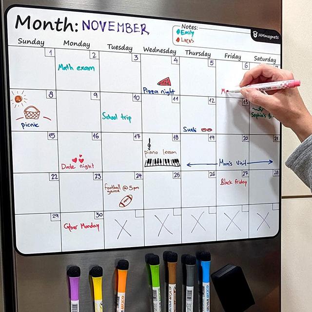 Large 17.5"x13.5" Dry-Erase Magnetic Monthly Calendar (Organizer/Planner) for Kitchen Fridge (Full Set: 8 Markers + Eraser) & Free Bonus: 3 Grocery/to-Do List Whiteboards (Stain Free) | Horizontal