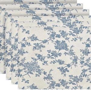 Pastoral Placemats for Dining Table Set of 6, Reversable & Heat-Resistant Non-Slip Place Mats for Kitchen Table Mats 13 x 19 Inch, Floral (Dark Blue)