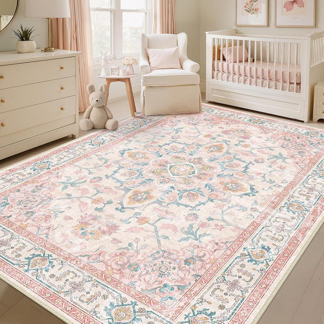 CAPALOCA Machine Washable Rugs Nursery Rug 5x7 Cute Girl Non Slip Low Pile Water Repellent Soft Print Pattern for Bedroom Indoor Decor Kids Playroom Pinkteal