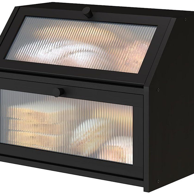 Vriccc Large Bread Box for Kitchen Counter, Double Layer Black Bamboo Wooden Large Capacity Bread Storage Bin with Acrylic Wavy Door Panel