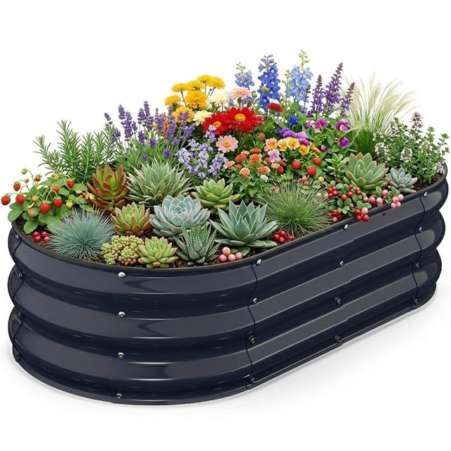 Yumatum Raised Garden Bed 4×2×1 FT, Galvanized Metal Raised Planter Box Decorative Vegetable & Flower Planting Container for Patio Entryway Poolside Outdoor Landscaping Midnight Blue