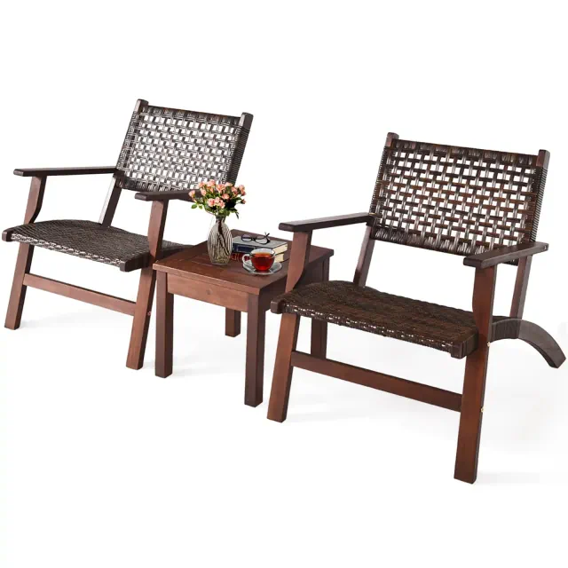 Costway 3PCS Patio Rattan Furniture Set Solid Eucalyptus Wood Frame Bistro Set with Coffee Table Patio Conversation Set
