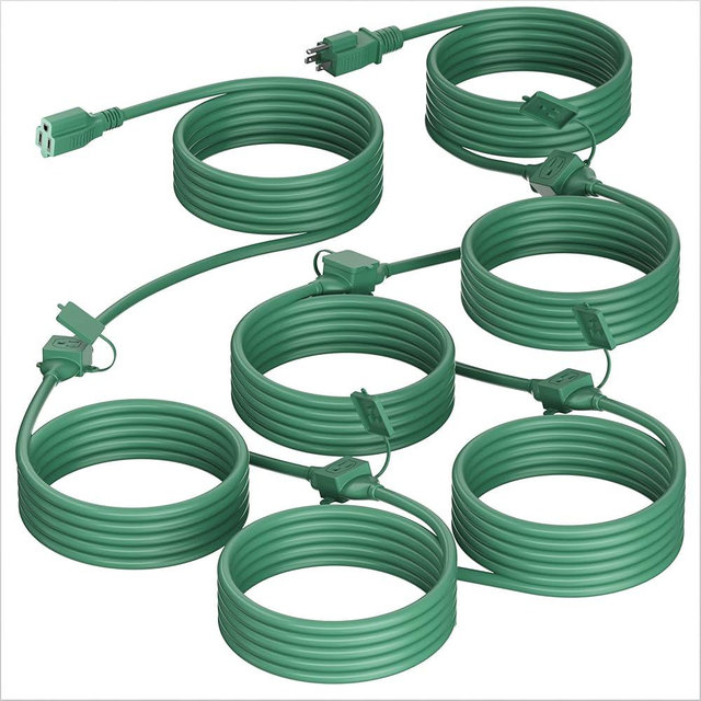 PlugSaf 50 FT Green Outdoor Extension Cord with Multiple Outlets, 16/3 Gauge Outdoor Green Extension Cord Evenly Spaced 6 Outlets Plugs Waterproof, 13AMP 1625W 125V 16AWG SJTW, ETL Listed