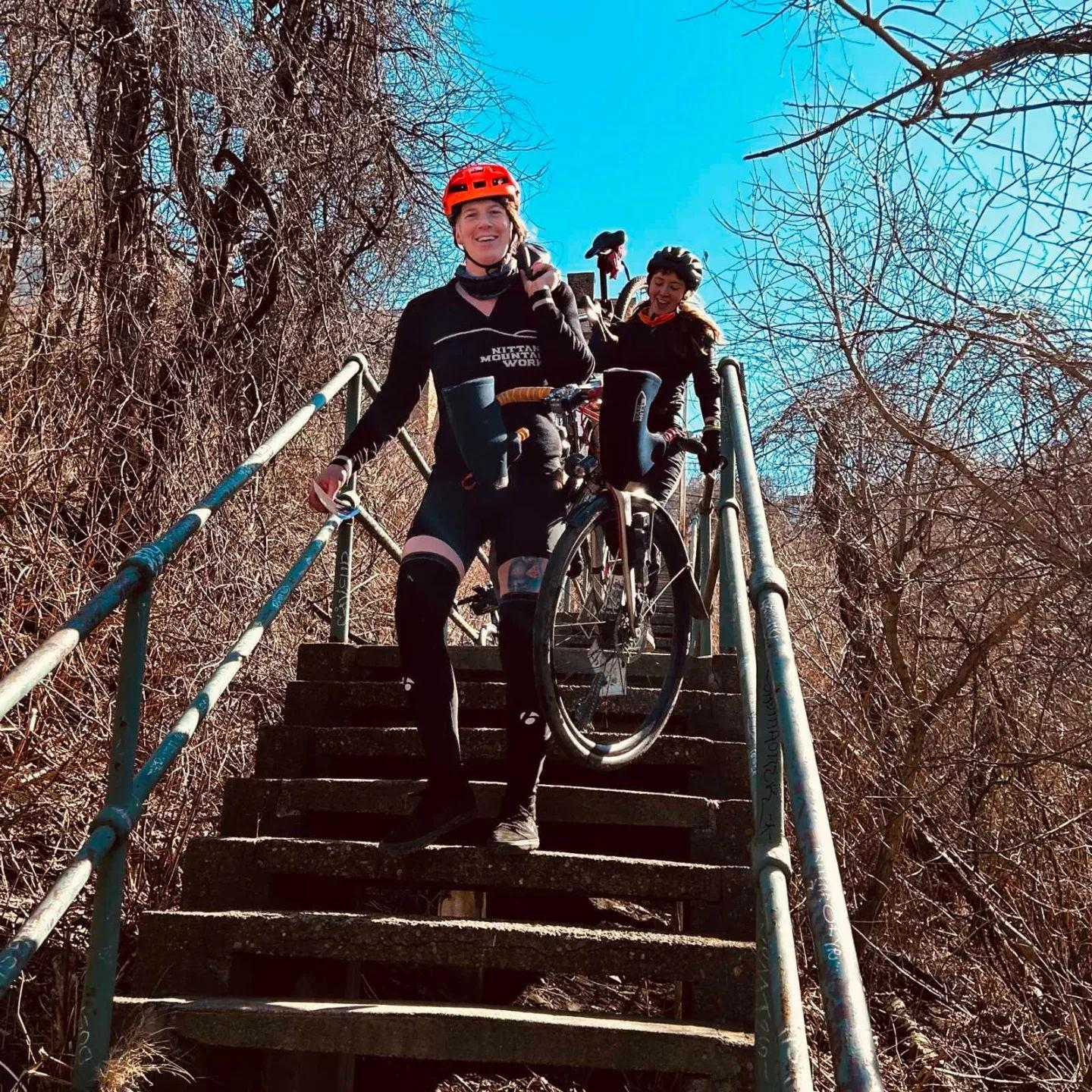 Racing down the stairs at our first frigid bitch bike scavenger hunt/alley cat together. We finished 11th and 13th that year. 02.11.2023