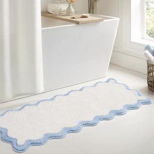 Luxury Cute Bathroom Runner Rugs, White Bath Mat W/Blue Scalloped Edge, Microfiber Aesthetic Trendy Funky Fun Preppy Rug, Extra Soft Bathroom Mat Non-Slip for Tub, Shower, 47'' x 20''