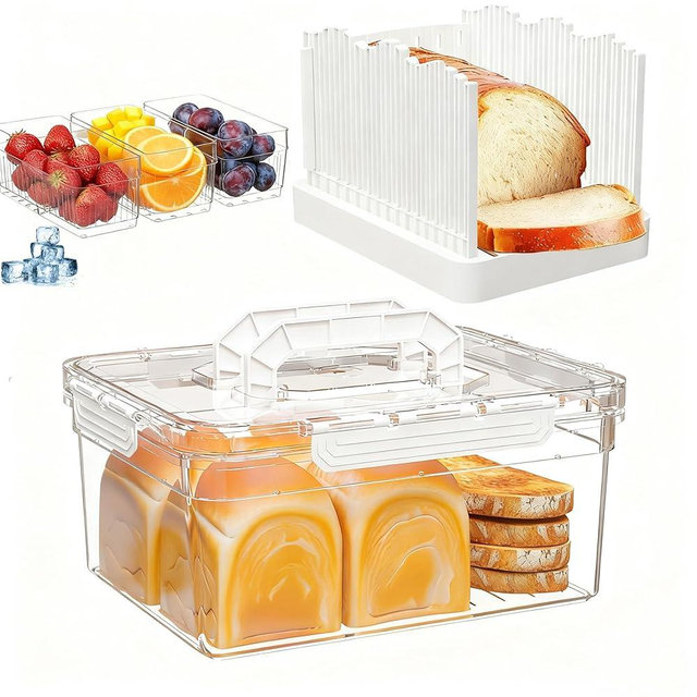 LLMRR Bread Box with Slicer & Ice Chilled Condiment Caddy, Portable Airtight Bread Storage Container with Lid Handle for Kitchen Counter, Bread Keeper for Homemade Bread,Toast, Bagel, Cookies, White