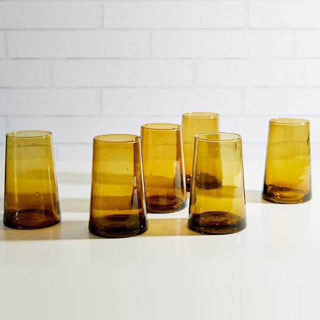 Moroccan Handcrafted Recycled Drinking Glasses, 12 Oz, Set of 6, Amber