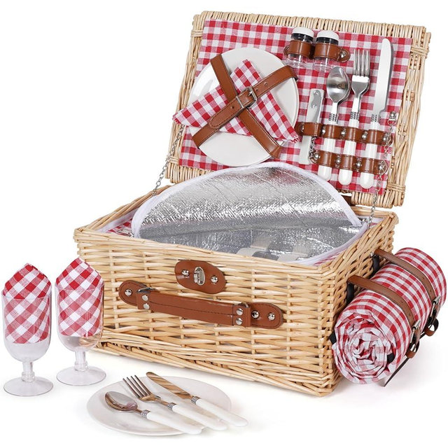 HappyPicnic Picnic Basket Set for 2 - Wicker Picnic Basket with Waterproof Blanket & Insulated Liner, Large Handmade Willow Hamper with Cutlery Kit for Outdoor, Picnic, Camping, Party, Holidays (Red)
