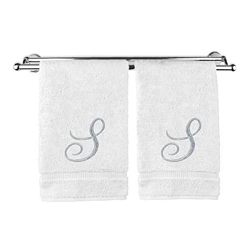 Monogrammed Hand Towel, Personalized Gift, 16 x 30 Inches - Set of 2 - Silver Embroidered Towel - Extra Absorbent 100% Turkish Cotton- Soft Terry Finish - For Bathroom, Kitchen and Spa- Script S White