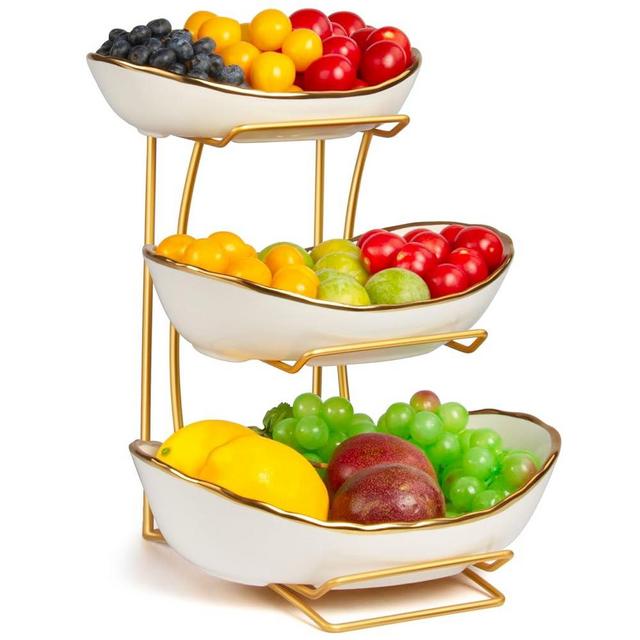 Fruit Bowl for Kitchen Counter, 3 Tier Fruit Basket for Counter, Ceramic Fruit Holder, Tiered Fruit Stand with Metal Stand, Detachable Fruit Rack for Fruit Vegetable Snack Dessert Storage (White)
