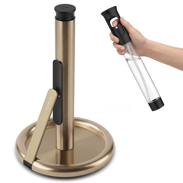 Ultrean Paper Towel Holder with Spray Bottle, Countertop Freestanding Paper Towel Dispenser with Spring-Loaded Tension Arm for One-Handed Tear, Weighted Non-Slip Base, Stainless Steel for Kitchen,Gold