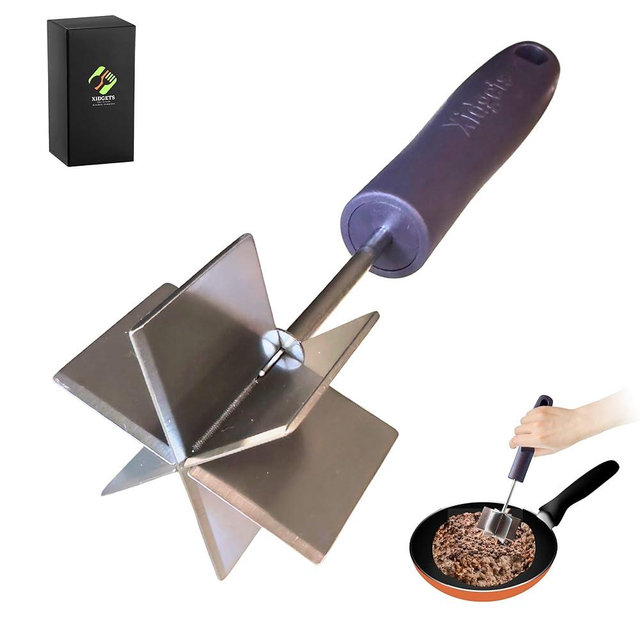 Large Stainless Steel Meat Masher, Ground Beef Chopper with Heavy Duty Handle & Mashing Head for Ground Beef, Turkey, and More – Dishwasher Safe (Midnight Plum 10")