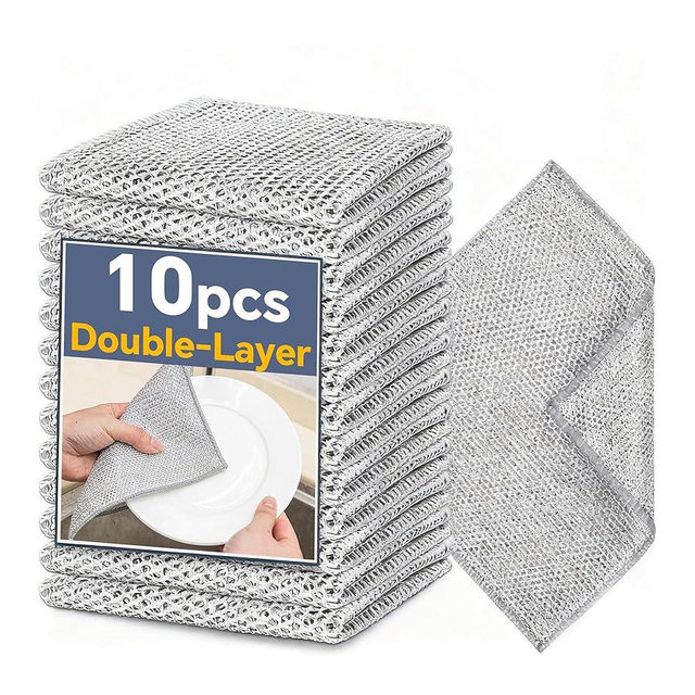 Hoowkawen Steel Wire Dishcloths,Double-Layer Non-Scratch Steel Wire Cleaning Cloth for Cookware,Sinks,Stove Tops, Dishes (10PCS)