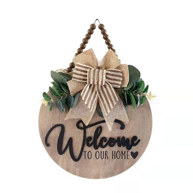 Condorpasea 3D Welcome Sign for Front Door | Home/Farmhouse Porch Décor Wooden Hanging Sign with Artificial Leaves and Rustic Beads | Christmas Classroom |12" Round