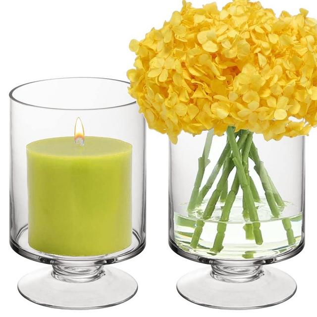 CYS EXCEL Glass Hurricane Pillar Candle Holders (H:8" W:4.75", 2 PCS) | Multiple Size Choices Short Stem Candle Jars | Stemmed Glass Cylinder Candle Vase