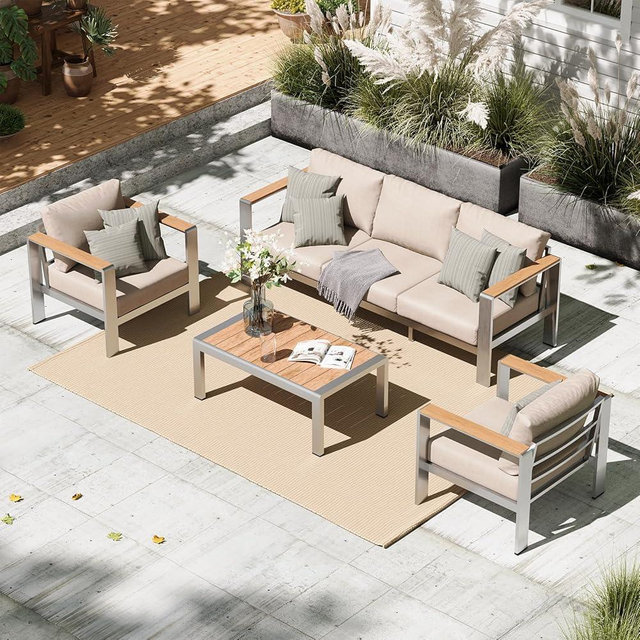 Oasbira Aluminum Outdoor Patio Furniture Set with Coffee Table, 4 Piece Patio Conversation Sets with Washable Thick Cushion, Patio Sectional Furniture Set for Porch, Balcony, Deck, Silver