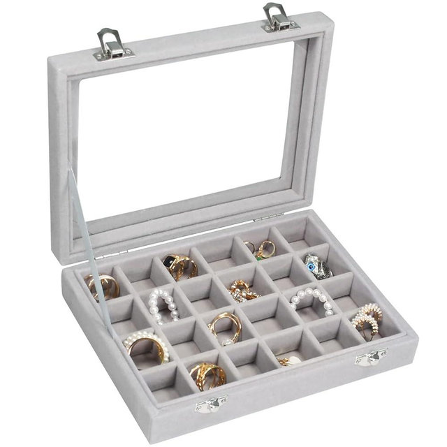 Vicoter Velvet Jewelry Box 24 Grid Jewelry Ring Display Organiser Box Tray Holder Earrings Storage Case for Girls Wife Mom Women (Gray)