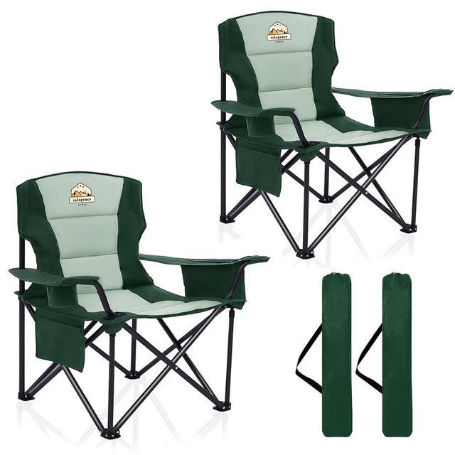 Colegence Heavy Duty Camping Chair for Adults Set of 2, Oversized Heavy People Foldable Padding Outside Camp Chairs, with Cooler Bag Cup Holder, Side Pocket for Lawn,Sport,Outdoor,Dark Green