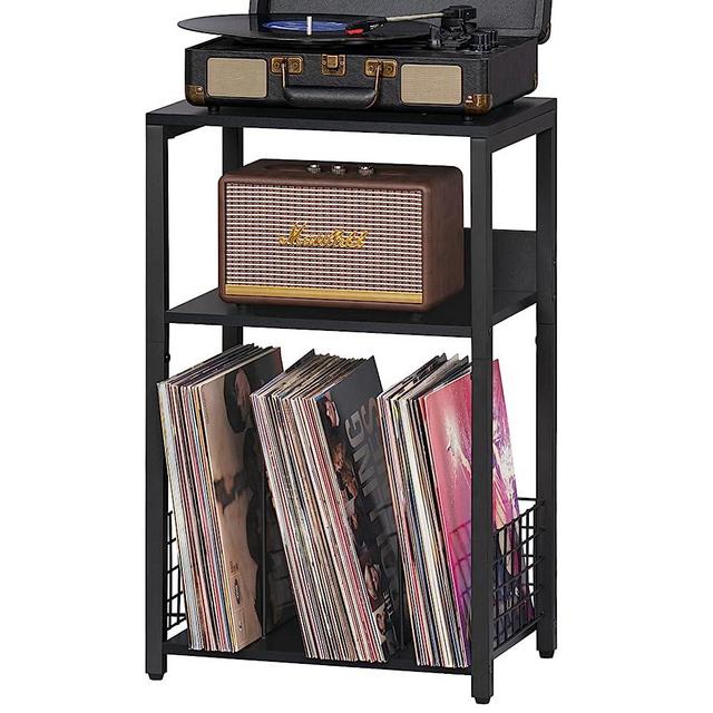 LELELINKY Black End Table, Small Side Table with Metal Frame,Modern Record Player Stand with Storage Shelf, Wood 3 Tier Sofa Bedside Tables, Narrow Nightstand for Living Room Bedroom Office