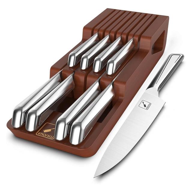 imarku 10 PCS High Carbon Japanese Stainless Steel Knife Block Set, Kitchen Knife Set with Wooden Drawer Organizer, Best Gifts, Kitchen Essentials