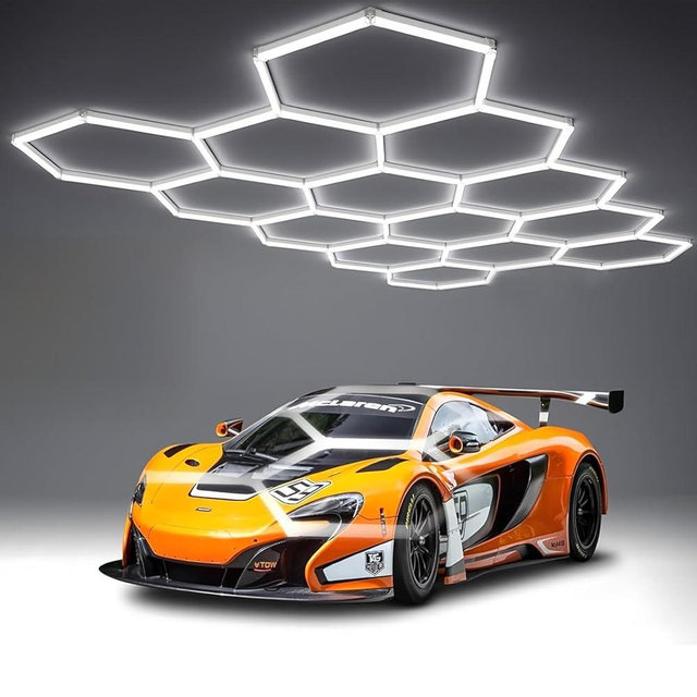 Tiyahomey 14 Hexagon Frame LED Honeycomb Lights 600W 60800 Lumens Garage Light with T5 Tube Rectangle 6500K for Garage, Auto Beauty Shop(57Pcs Lights- 14 Hexagon)