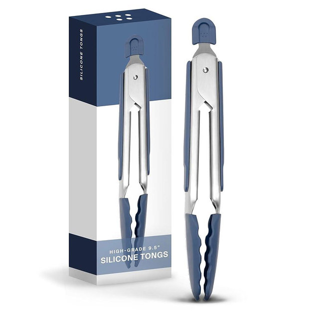 Misen Precision Silicone-Tipped Kitchen Tongs - Heavy Duty, Nonstick, Heat Resistant - Grilling Tool with Scallop-Edged Silicone - Dishwasher Safe - Comfortable Grip - Perfect for Serving - Blue, 9.5