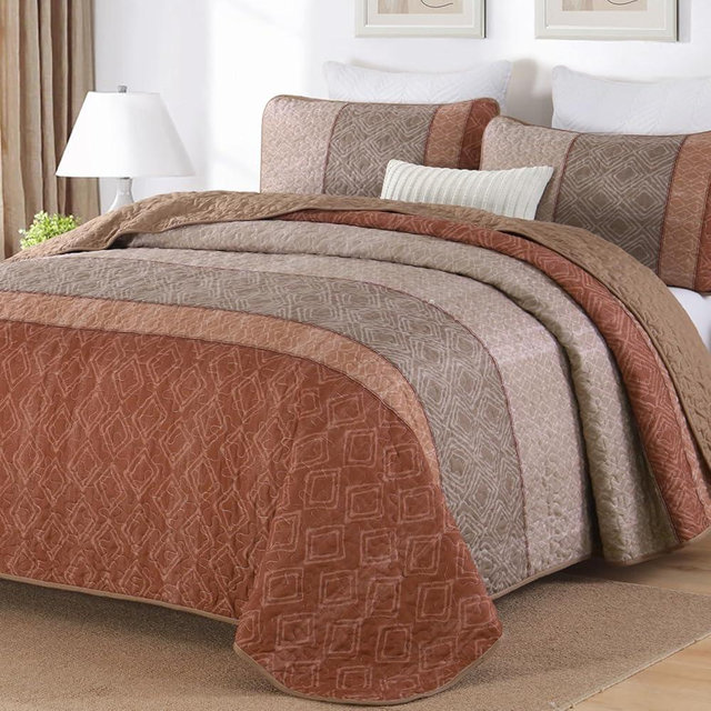 Boho Quilt Set King Size 3 Pieces,Red Orange Striped Bedspread,Bohemian Farmhouse Coverlet Set Soft Microfiber Bedding Set for All Season 110"x90"