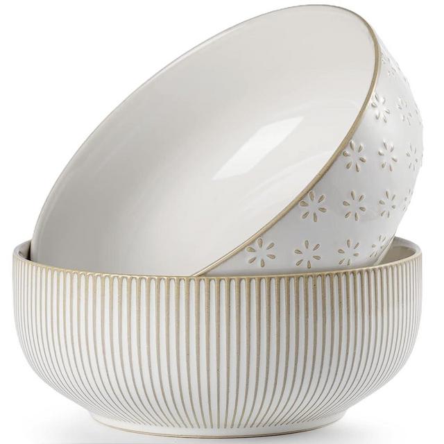 getstar Large Serving Bowls (8 inch & 60 fl oz), Ceramic Salad Bowl Set of 2, Microwave and Dishwasher Safe, Farmhouse Kitchen Decorative Bowls Set (Embossed Stripes & Stars)