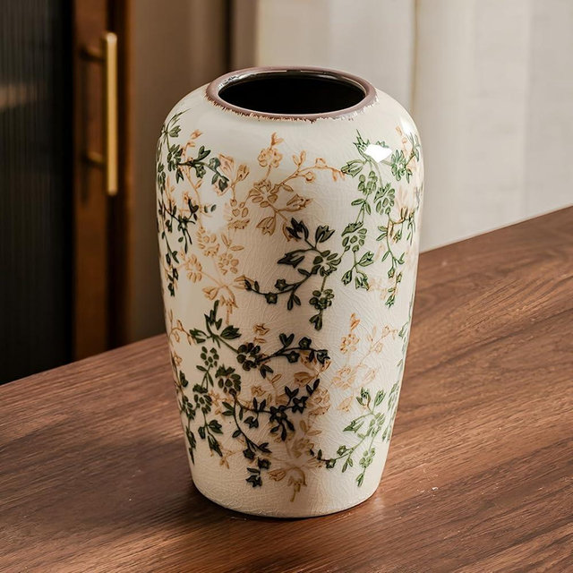 Vintage Green Patterned Pitcher vases for Flowers, Green Ceramic vase05 with Chinoiserie Floral and ice Crack Design, Antique Decorative vase for Home Decor Rustic Pottery vase 8.66 inche