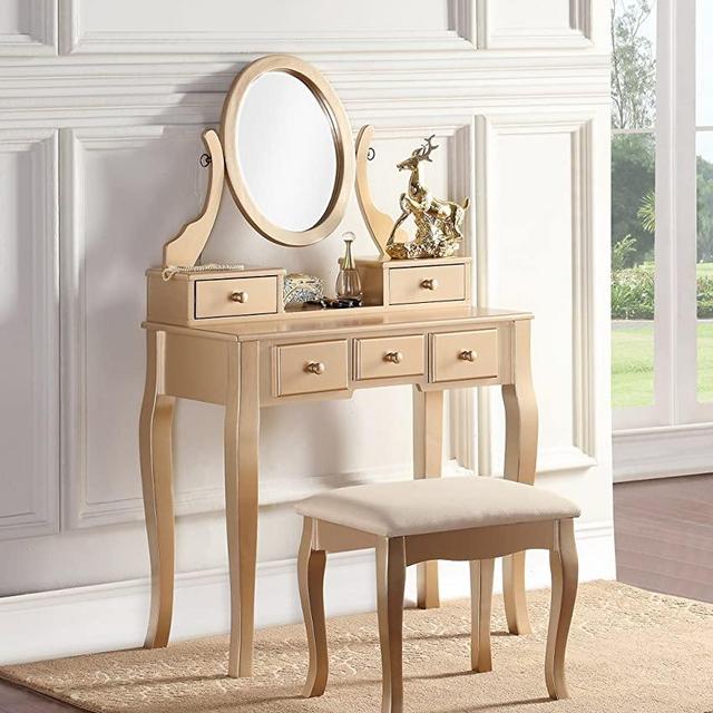 Roundhill Furniture Ashley Wood Makeup Vanity Table and Stool Set, Gold