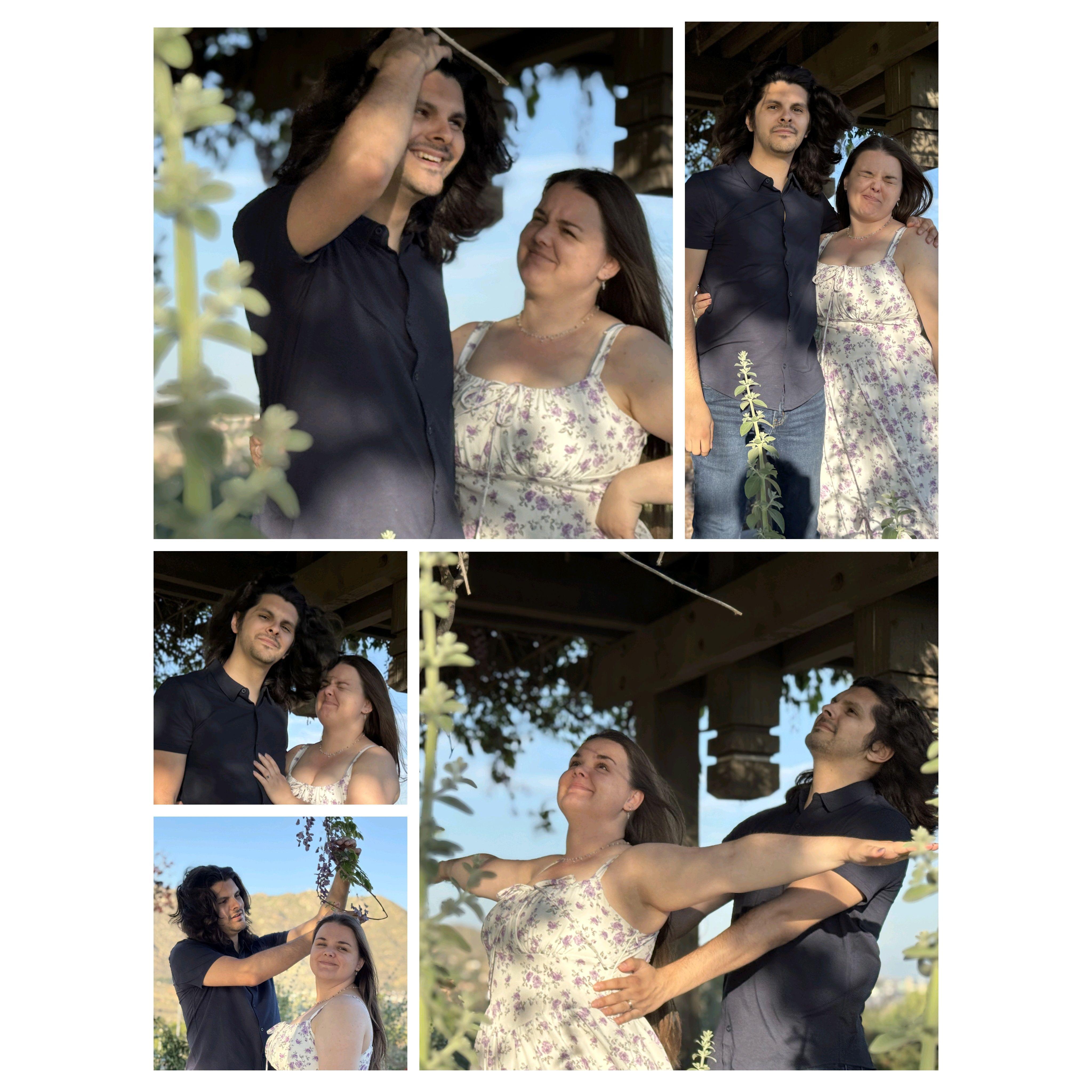 Some bloopers from the engagement photoshoot in April 2025. Nathaniel's hair kept getting in Malina's face. Naturally, they couldn't help but goof around.