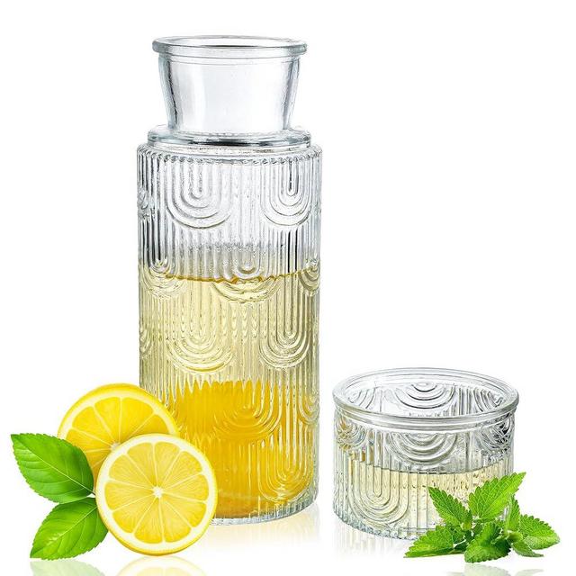 kanpura Bedside Water Carafe and Glass Set 28.5 OZ Glass Pitcher & 6.5 OZ Cup Vintage Water Pitcher for Nightstand, Kitchen Mouthwash Dispenser for Bathroom(Clear)