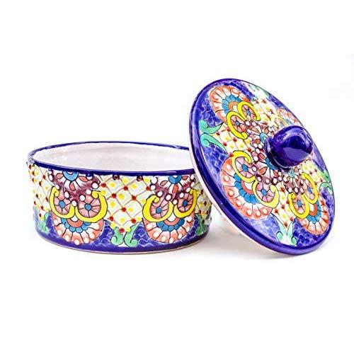 Unique Mexican Blue Ceramic Tortilla Warmer Pancake Holder Talavera Pottery 8 in diameter. Tortilla Storage Container can also be used for Roti Warmer, Soft Taco Shell Quesadilla Burrito Warmer.