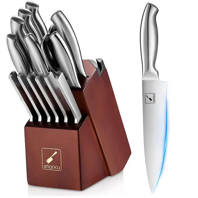 Kitchen Knives Set with Block, imarku 15-Pieces High Carbon German Steel Knife Set, Knife Block Set with Built-in Sharpener, Sliver