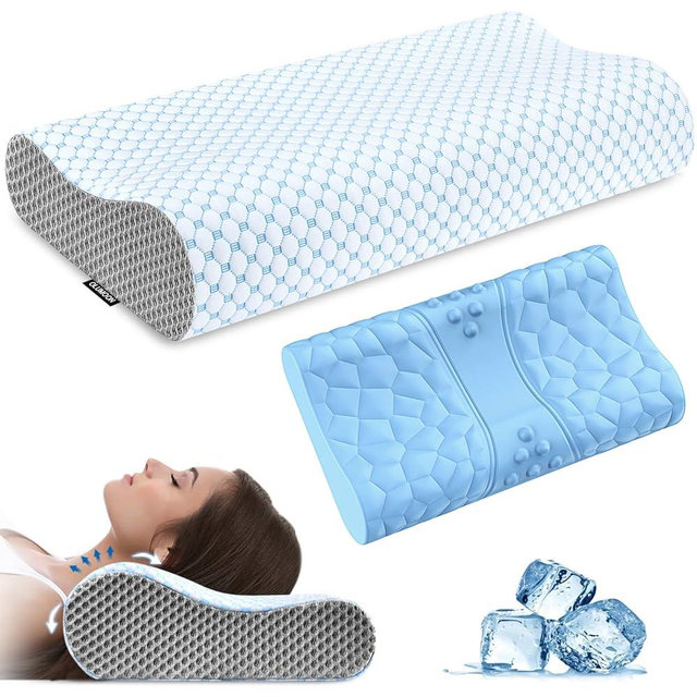 Neck Pillow Memory Foam Pillows - Cooling Neck Support Pillow for Pain Relief, Ergonomic Cervical Pillow for Sleeping, Orthopedic Contour Bed Pillow for Side, Back & Stomach Sleepers (Blue & Grey)