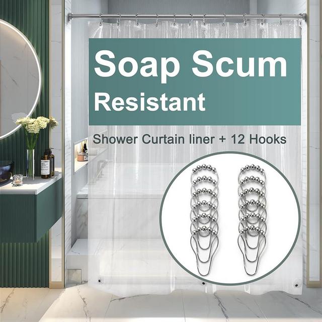 AmazerBath Plastic Shower Curtain Sets, Lightweight Clear Shower Curtain Liner with 12 Metal Hooks, 72x72 PEVA Waterproof Shower Curtain Liner Set for Bathroom with 3 Magnets and 12 Grommets