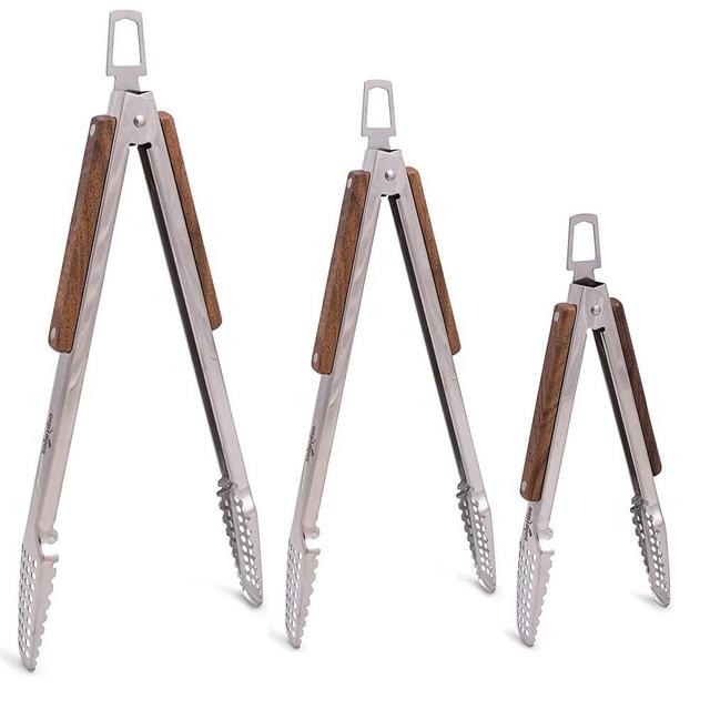 Stainless Steel BBQ Grill Tongs - 9", 12" & 16" Sizes, Real Walnut Wood Handle - Durable Grilling Accessory, Easy to Clean - 3-Pack