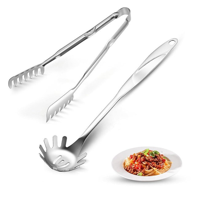 Spaghetti Spoon and Pasta Tong with Grip Teeth and Drain Holes, 2-Piece Large Spaghetti Utensil, Comfortable Grip Design for Cooking, Serving, Salad and Noodles, Stainless Steel