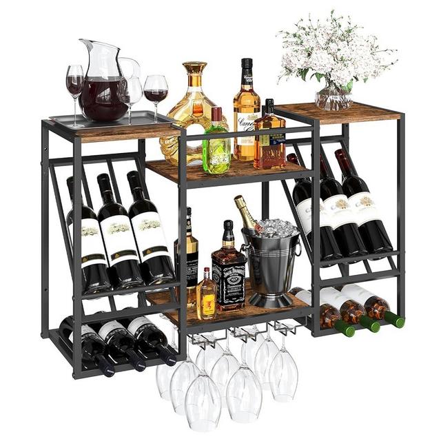HOOBRO Wall Mounted Wine Rack, 3-Tier Wall Wine Rack, Floating Shelf with Wine Glass and Bottle Holders, Display Storage Shelf, for Dining Room, Kitchen, Living Room, Rustic Brown and Black BF23BJ01