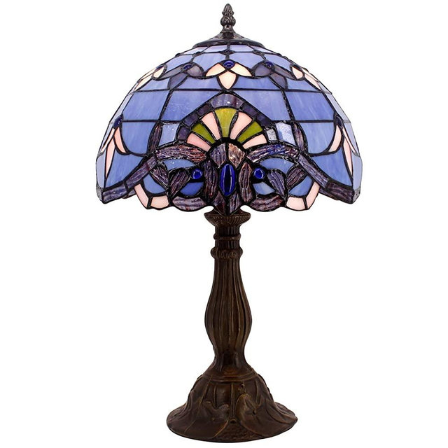 Tiffany Lamp W12H18 Inch Blue Purple Baroque Style Stained Glass Lavender Shade Antique Table Reading Desk Light Base S003C WERFACTORY LAMPS Lover Parent Living Room Bedroom Bar Bedside Art Craft Gift