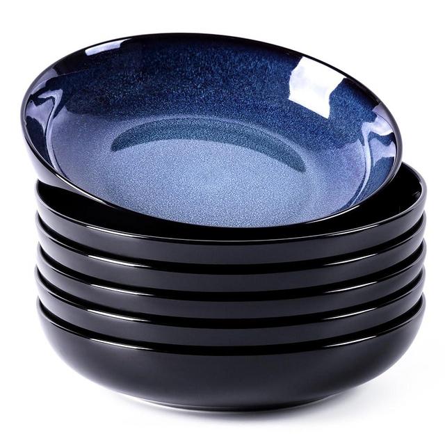 LERATIO Large Pasta Bowls,38oz Ceramic Pasta Bowls,9.0" Reactive Glaze Pasta Bowl Set of 6,Microwave & Dishwasher,Oven Safe,Wide Serving Bowls for Salad,Pasta,Fruit,Scratch Resistant-Blue